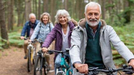 Group of active senior friends riding bicycles on a forest trail, laughing together, energetic and healthy lifestyle