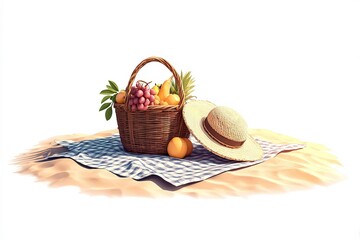 Summer Picnic Basket With Fruits and Straw Hat on Sandy Beach Blanket Generative AI