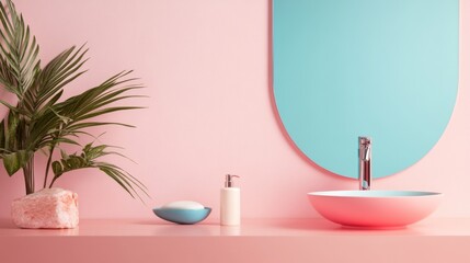 Fototapeta premium Pink sink with faucet and decor items on vanity modern minimalist bathroom interior design pastel tones