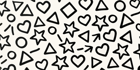 Hand Drawn Geometric Shapes Seamless Pattern in Black and White