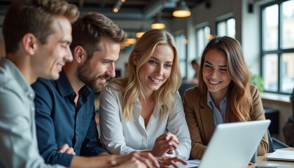 Young Team Collaborating on Laptop in Modern Office Setting