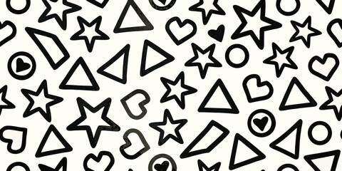 Black and White Geometric Shapes Pattern with Stars Hearts Triangles and Circles