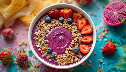 A vibrant smoothie bowl topped with granola, fresh strawberries, and blueberries, surrounded by colorful fruit and a floral background.