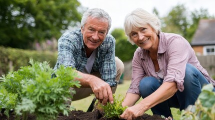 Senior couple gardening together in backyard, planting vegetables and laughing, concept of peaceful productive aging