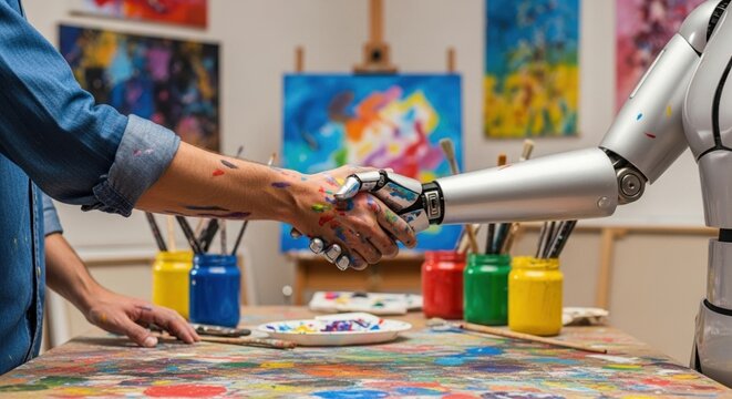 Robot human shaking hands in an art studio symbolizing collaboration - Powered by Adobe