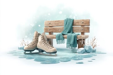 Ice Skates and Bench on Frozen Pond With Winter Elements for Seasonal Design Generative AI