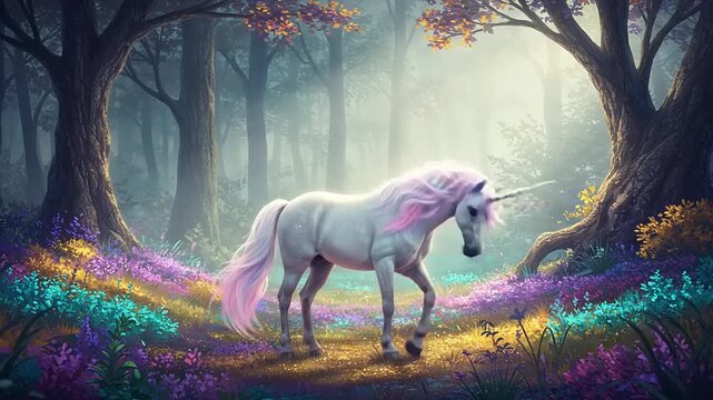 Majestic unicorn standing in a vibrant enchanted forest