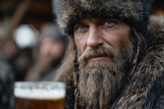 fur hat warrior with beer, medieval cossack stare, image for craft beer branding