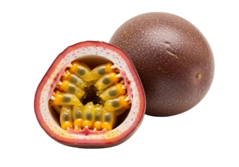 Vibrant passion fruit halved revealing juicy pulp and seeds, perfect for tropical recipes and health drinks