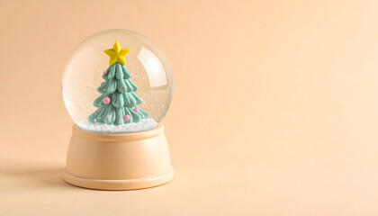 A snow globe containing a miniature Christmas tree with a yellow star on top, set against a beige background.