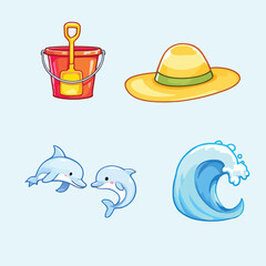 Beach Icons Set with Bucket, Shovel, Hat, Dolphins, and Wave &ndash; Summer Vacation and Marine Life Theme