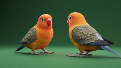 Pair of colorful lovebirds facing each other on a vibrant green background