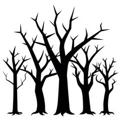 Obraz premium Silhouette of 6 dead trees with broken limbs isolated on white background