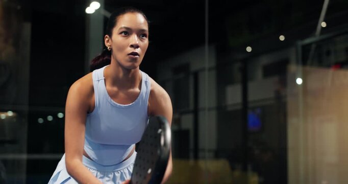 Athlete, padel and woman with racket, court or active for tournament performance, wellness and game. Cardio, player and person with equipment for match, tennis and routine for sport or competition