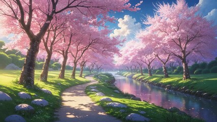Showing dirt path beneath cherry trees by stream, with breeze rustling blossoms, drifting petals - Powered by Adobe