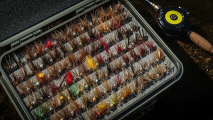 A of an organized fly fishing tackle box, showcasing multiple rows of colorful artificial fishing flies, is neatly arranged in foam slots, featuring a variety of different materials.