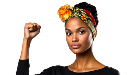 Confident woman with a headwrap raises fist in solidarity