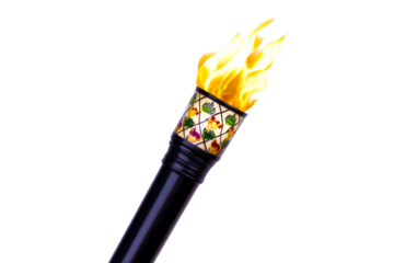 A decorative torch featuring a colorful design near the flame