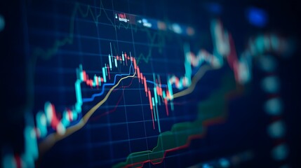 The stock market chart shows a downward trend in blue and red candlesticks.