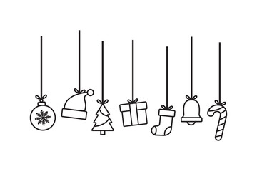 Minimalist black line Christmas ornaments hanging in a row. Great for simple holiday decor.