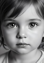 Fototapeta premium A detailed black and white close-up portrait of a young child with large, expressive eyes and a neutral expression.