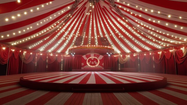 Red and white striped circus tent interior with stage, lights, and curtains.