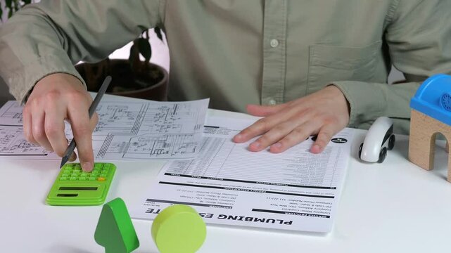 A man at a table with drawings, an estimate and a calculator. A man recalculates an estimate and compares data using a calculator. Analysis and audit of estimates, schemes.