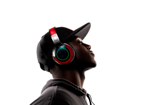 Young man enjoying music with headphones on a transparent background