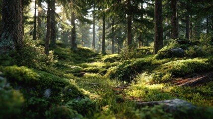 Fototapeta premium Sunlit Forest Path: Mossy Ground and Ancient Trees