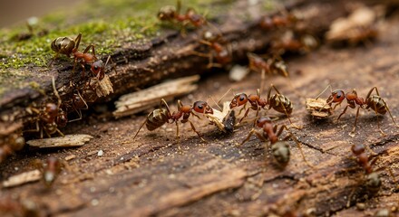 A cluster of ants on wood some carrying a small piece focused on teamwork in a natural setting