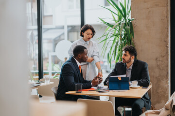 Obraz premium Three people having a focused and engaging meeting in a stylish co working space, reflecting collaboration, teamwork, and productive discussions.
