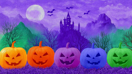 Colorful carved pumpkins against a haunted castle backdrop in a twilight landscape celebrating Halloween festivities. Psychedelic y2k illustration