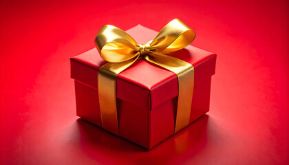 Obraz premium A vibrant red gift box tied with a luxurious golden bow, centered.