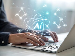 Artificial Intelligence Concept with Person Typing on Laptop Keyboard Close Up