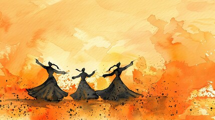 Ink line art of Sufi dancer mid-spin, expressing mystical rhythm and silent spiritual intensity.