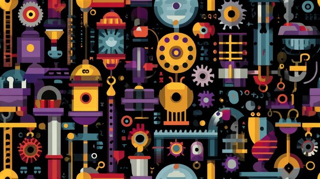 Complex mechanical device pattern, comprised of vibrant stylized elements on a dark background
