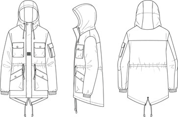 Technical winter parka flat sketch front side back view, detailed fashion illustration with hood, pockets, drawstrings, utility style design for apparel design reference
