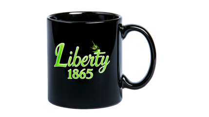 Modern black mug featuring Liberty design and year 1865