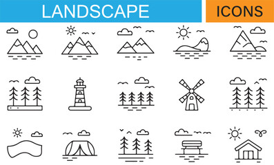 Icons Depicting Various Landscape Views for Outdoor and Travel Designs