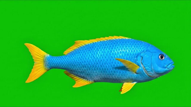 Bright Blue Fish with Yellow Fins on Green Background