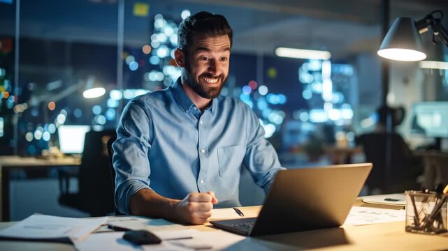 Triumphant professional celebrates a major breakthrough with an ecstatic fist pump in a modern office at night.
