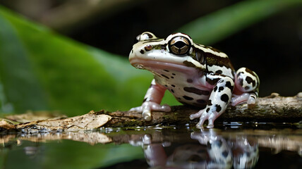  Amazon milk frog beside its tadpoles in water-filled tree hollow
