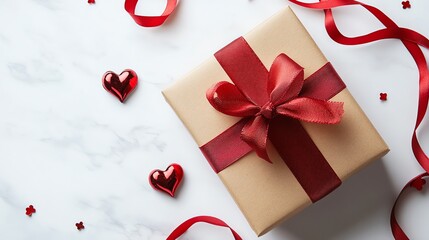 Wrapped Gift Box with Red Ribbon on White Marble