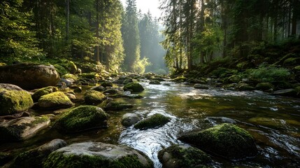 Obraz premium Clear stream flowing through a forest at sunrise.