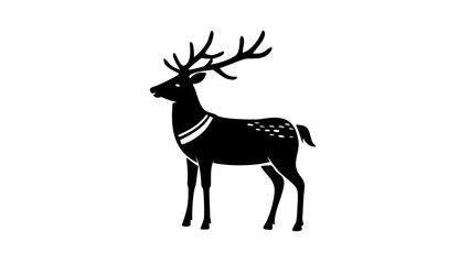 Illustration of a black deer with large antlers and white markings on a white background view side