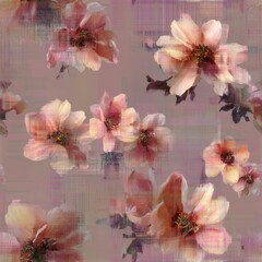 Abstract Floral Pattern with Pink Peonies on Textured Background.