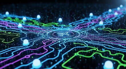 Abstract circuit board with glowing pathways and digital connections