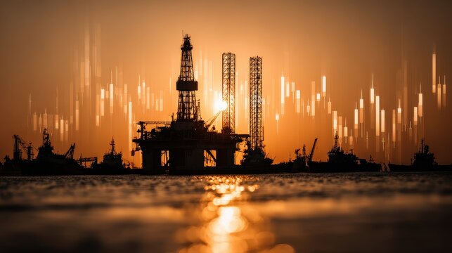 Sunrise Silhouette of Oil Rig with Abstract Data Visualization