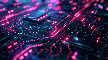 Fototapeta premium Close-Up Futuristic Circuit Board Background with Glowing Neon Lines