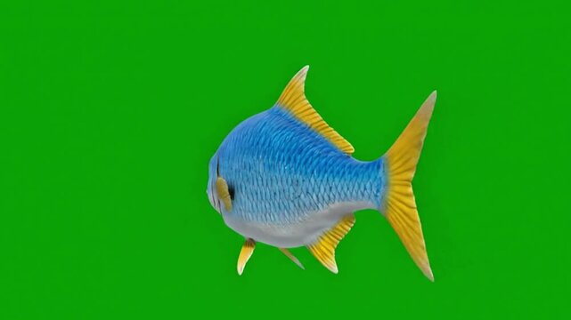 Bright Blue Fish with Yellow Fins on Green Background
